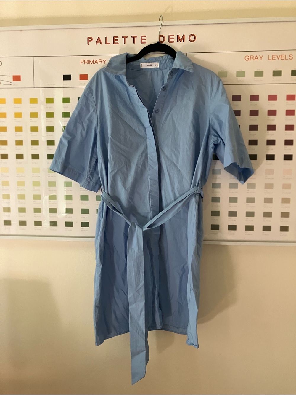 Mango Sky Blue Shirt Dress with Waist Tie